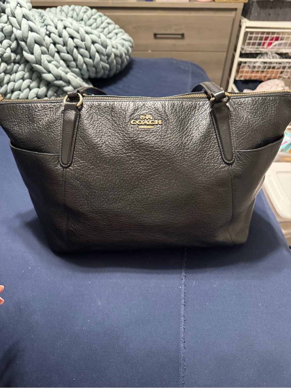Coach Ava - Black Leather Tote Bag with Gold Logo style# f37216